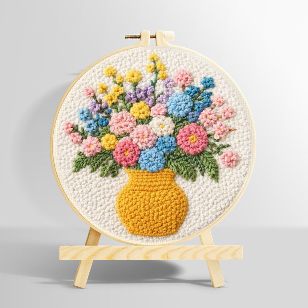 Colourful wildflowers in yellow vase punch needle kit for beginners