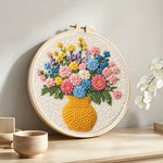 Colourful wildflowers in yellow vase punch needle artwork displayed on a table