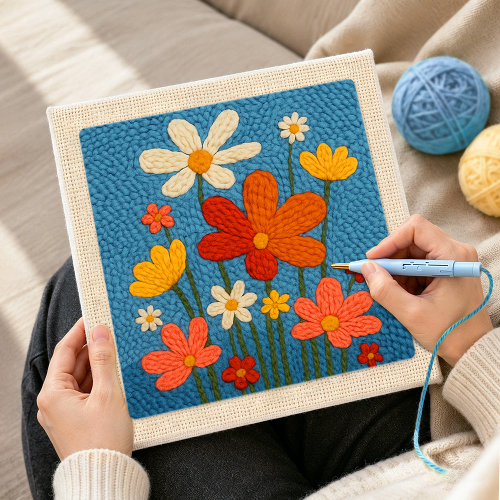 Creating handmade colourful wildflowers punch needle artwork