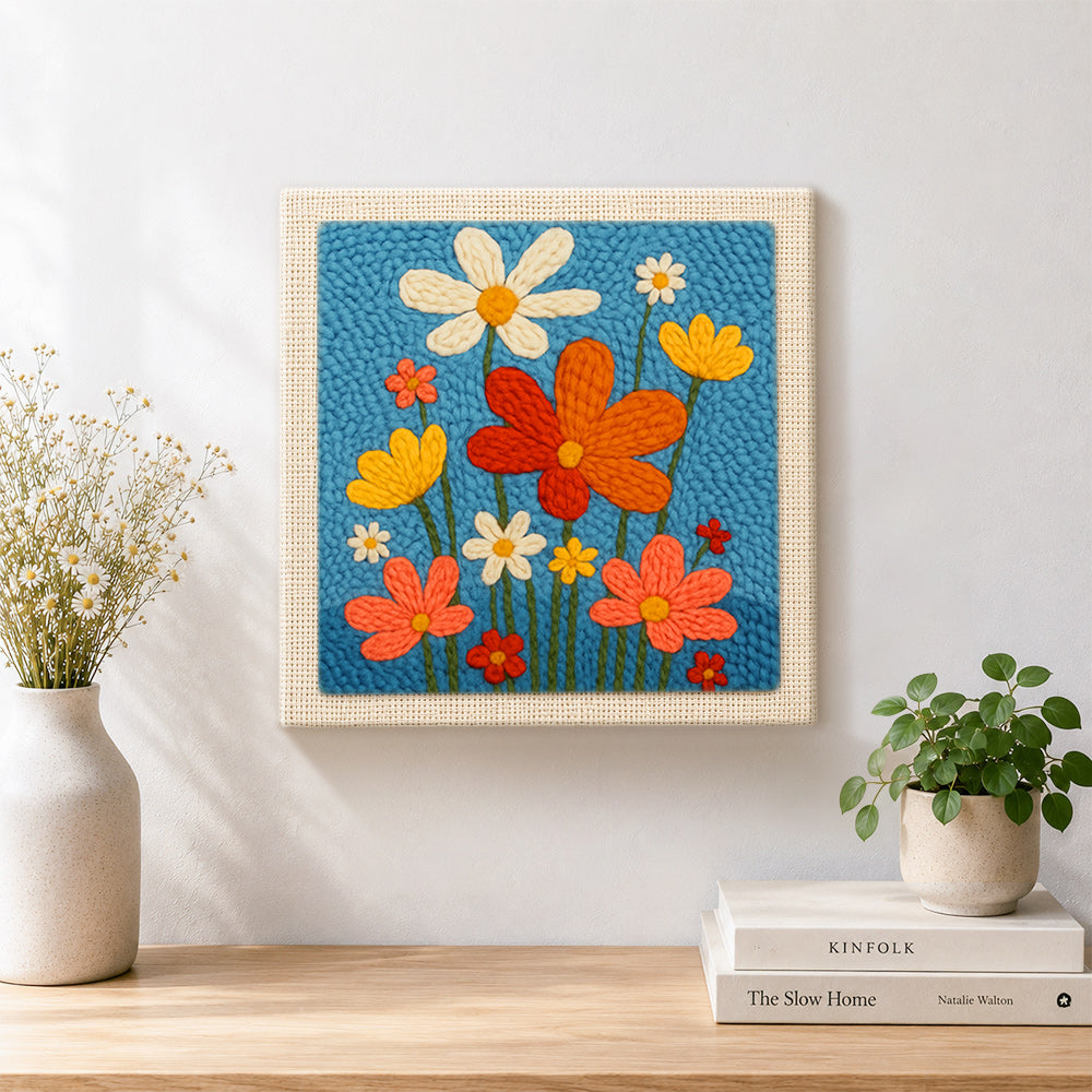 Finished colourful wildflowers artwork displayed on a wall