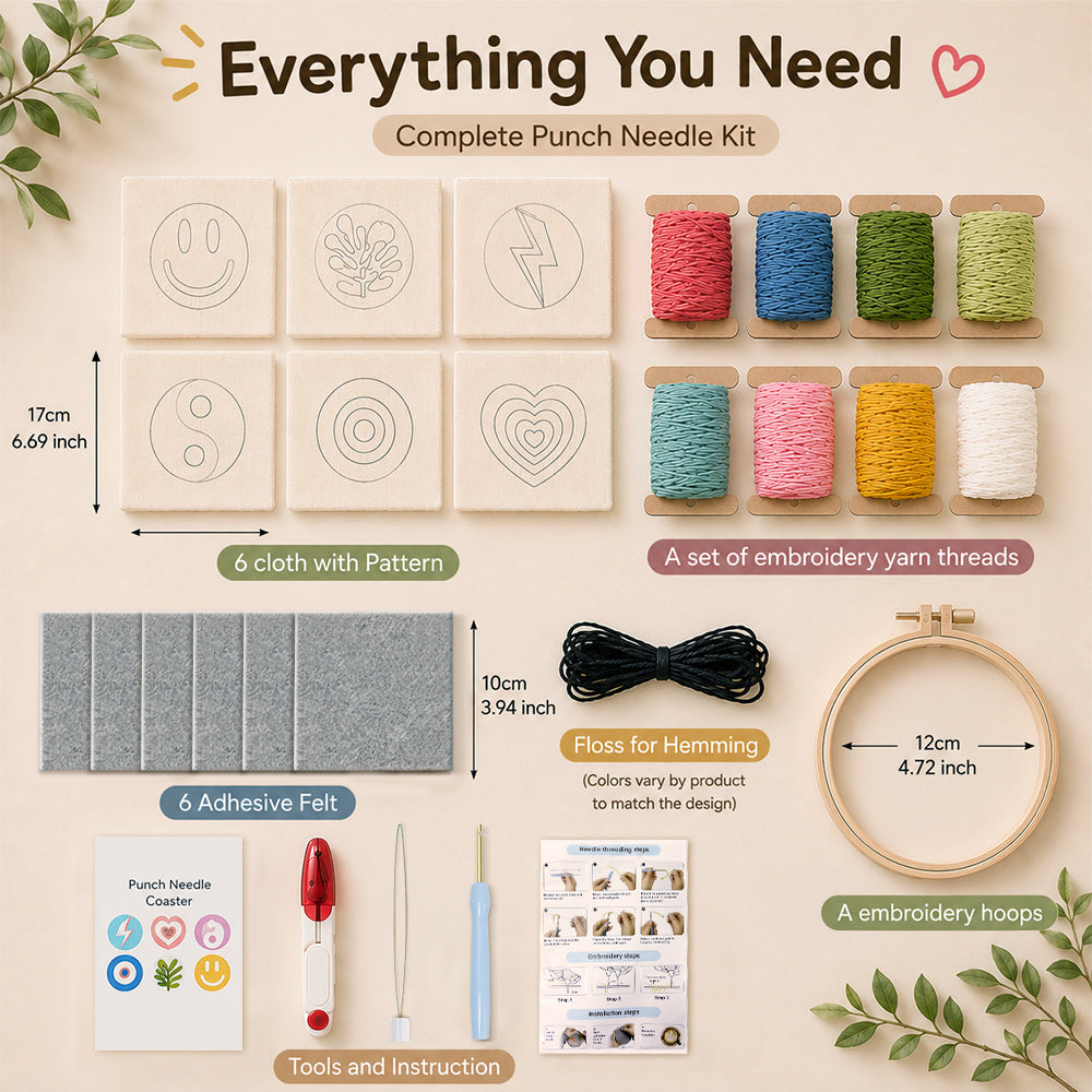 Complete punch needle coaster kit with yarn and tools