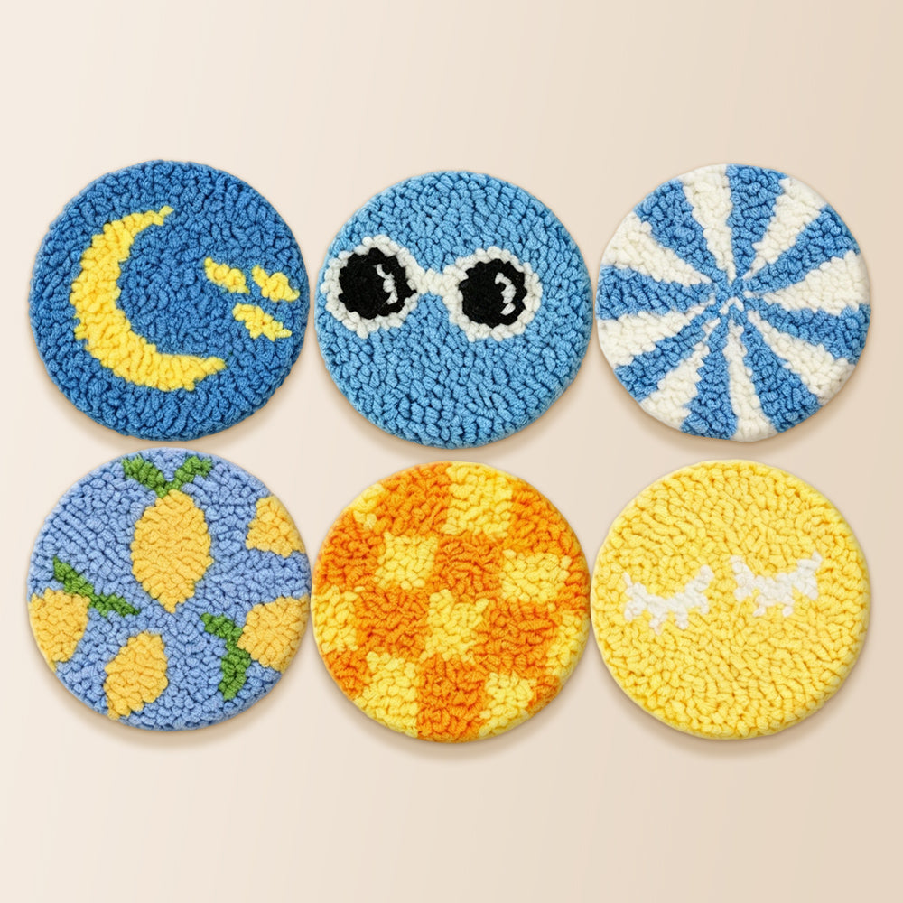 Cool blue smiley, moon and lemon punch needle coaster kit finished handmade coasters