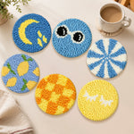 Cool blue smiley, moon and lemon punch needle coasters used for home decoration