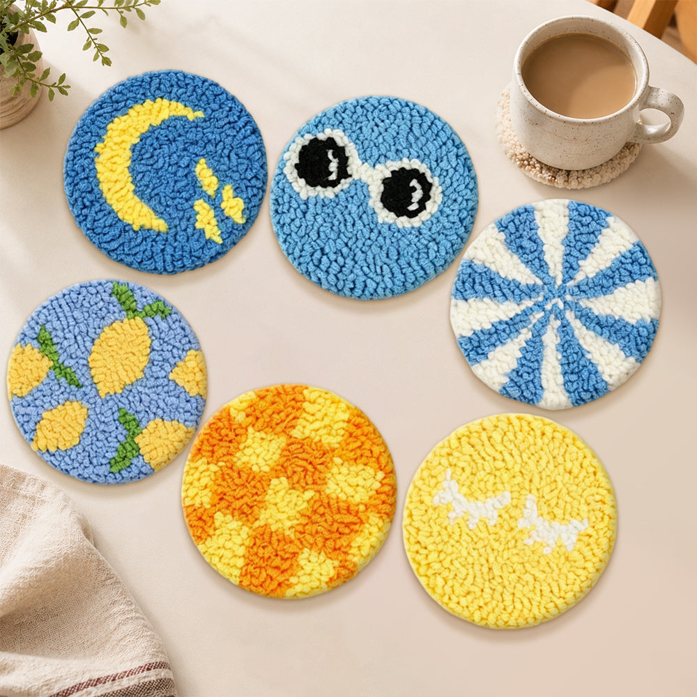 Cool blue smiley, moon and lemon punch needle coasters used for home decoration