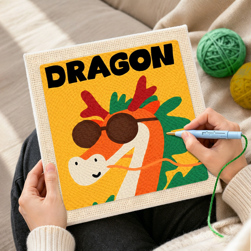 Creating handmade Cool "DRAGON" with sunglasses punch needle artwork