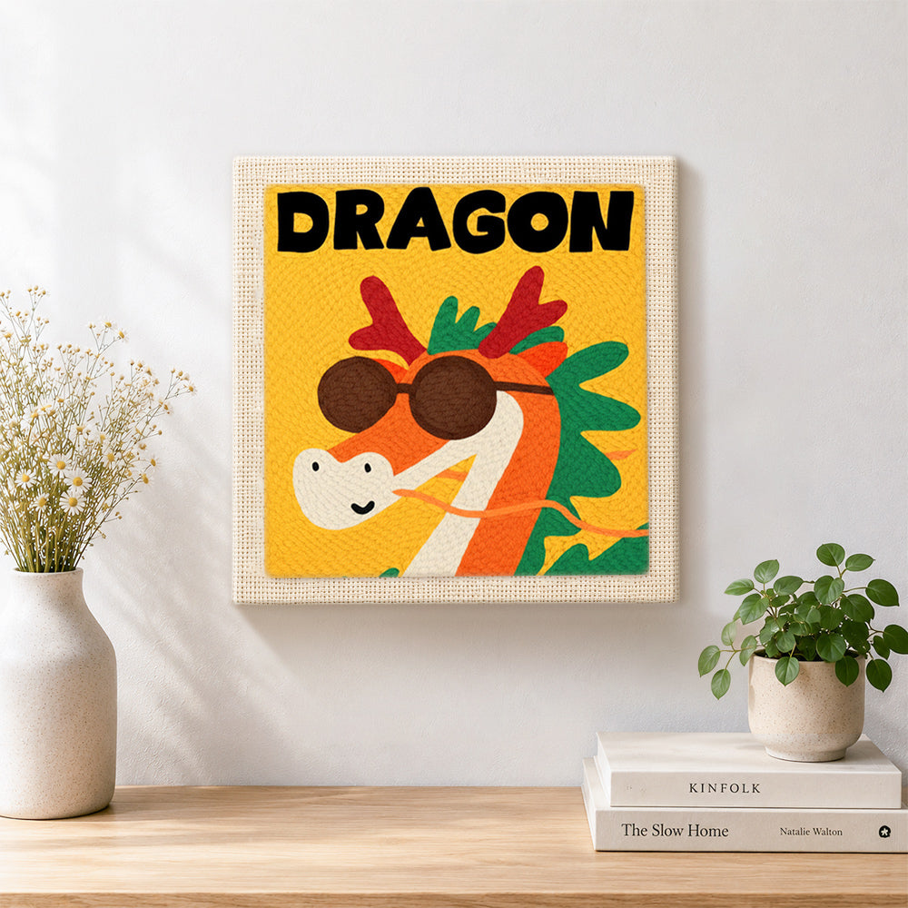Finished Cool "DRAGON" with sunglasses artwork displayed on a wall