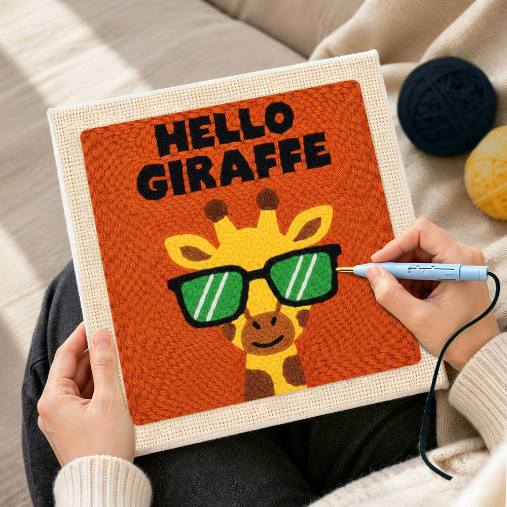 Creating handmade cool giraffe with glasses punch needle artwork