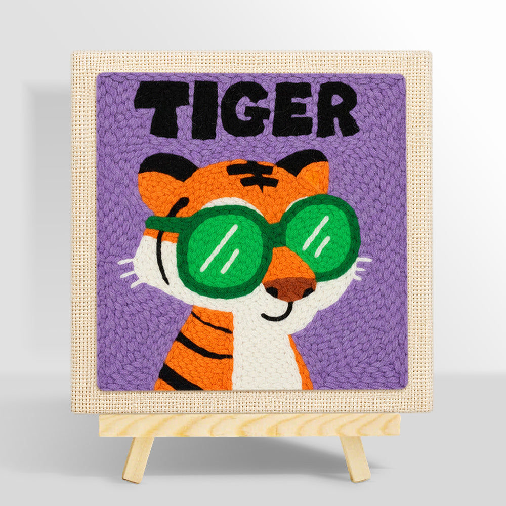 Cool "TIGER" with green sunglasses punch needle kit for beginners
