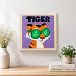 Finished cool "TIGER" with green sunglasses artwork displayed on a wall