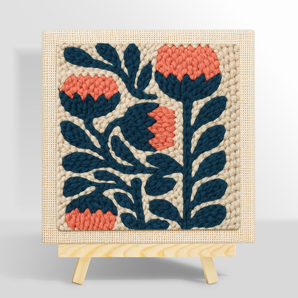 Coral and navy flowers punch needle kit for beginners