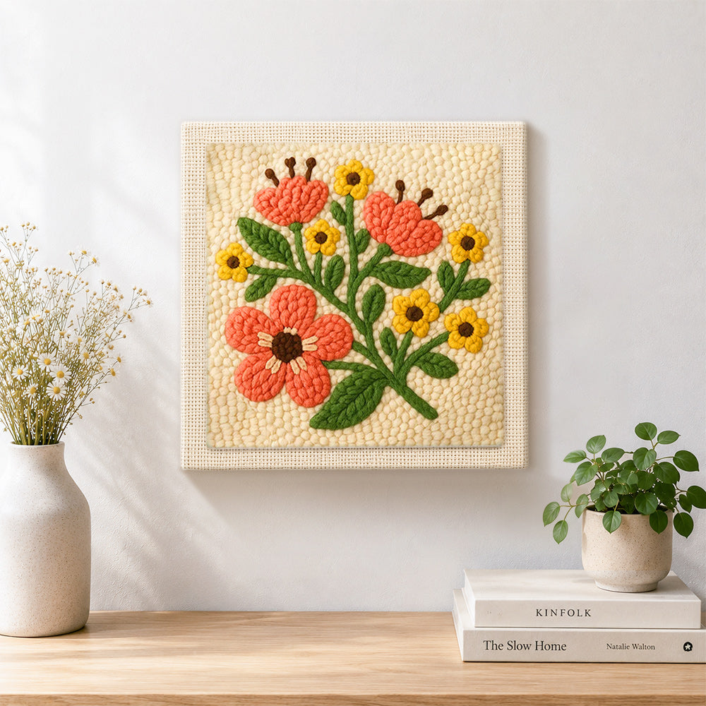 Finished coral and yellow florals artwork displayed on a wall