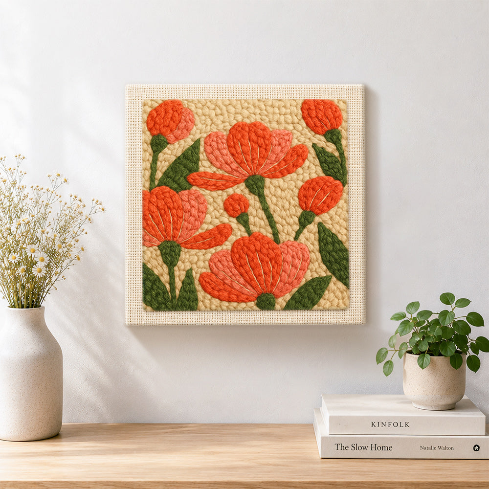 Finished coral pink flowers artwork displayed on a wall