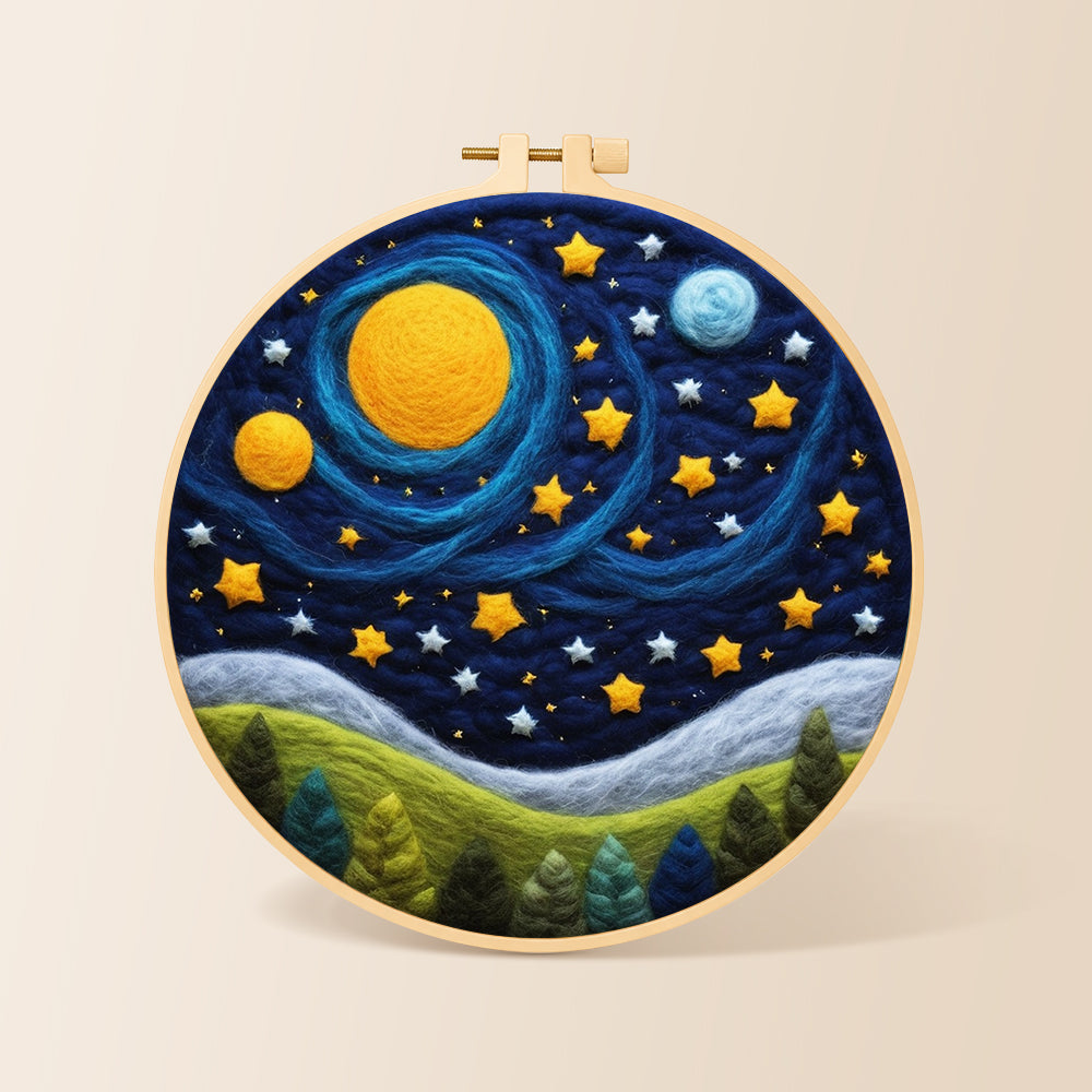 Cosmic planets and starry forest night needle felting kit for beginners with a round wooden frame