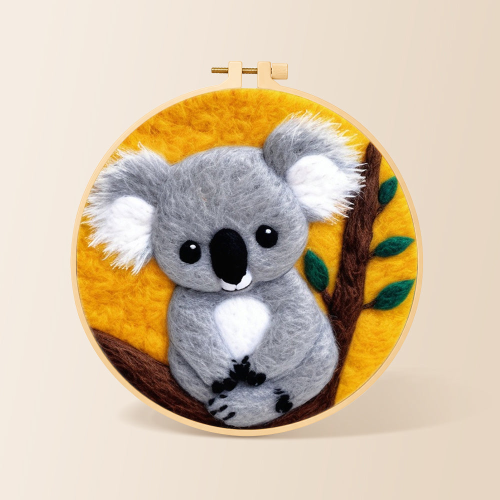 Cosy grey koala needle felting kit for beginners with a round wooden frame