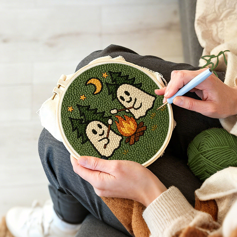 Creating handmade cosy night camping ghosts punch needle artwork