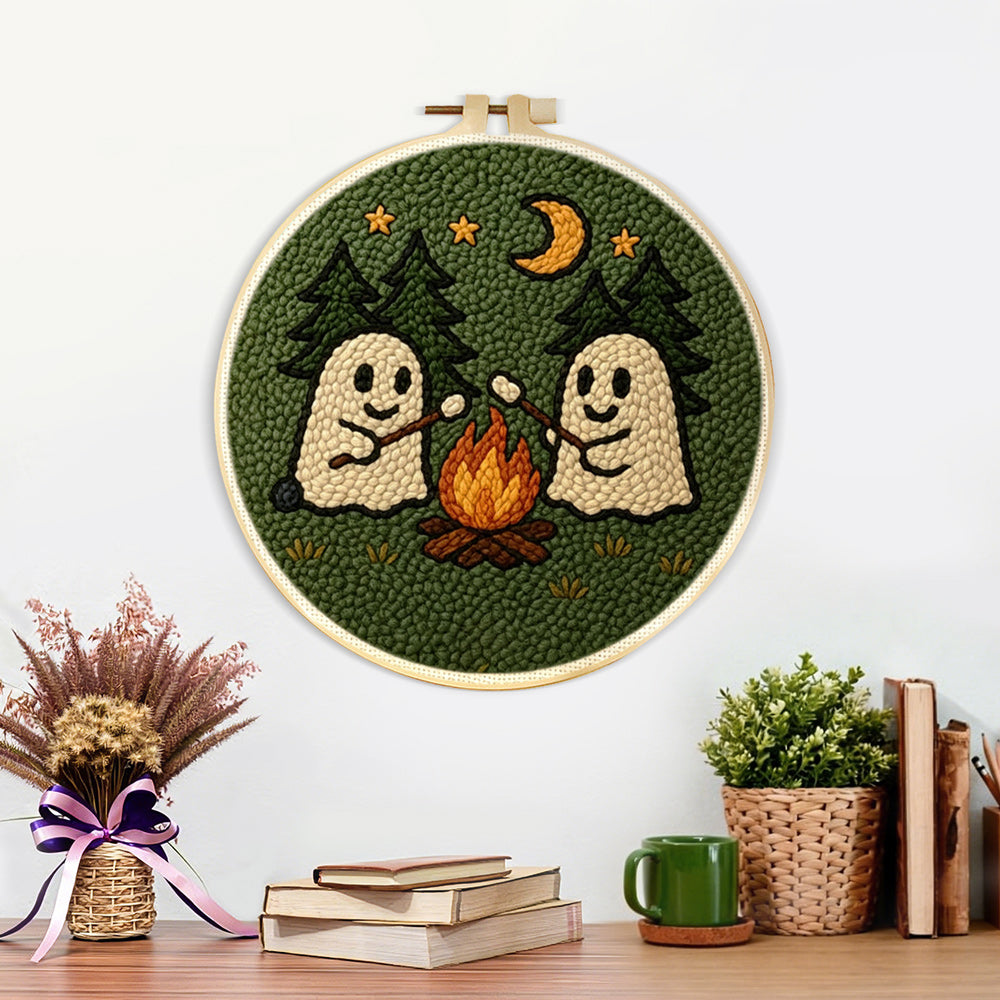 Finished cosy night camping ghosts artwork displayed on a wall