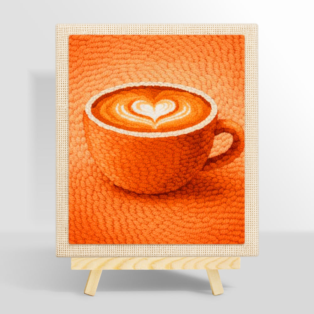 Cosy orange coffee cup with heart latte art punch needle kit for beginners