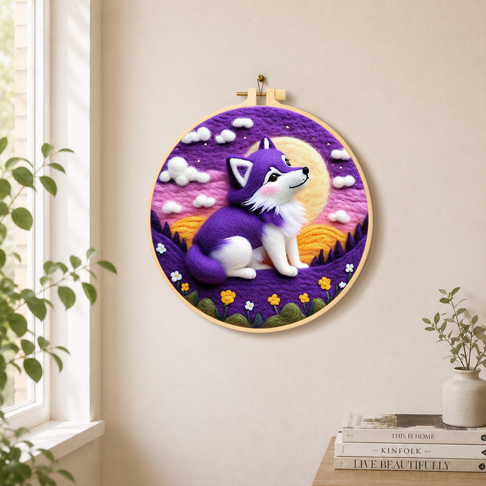 Cosy purple wolf under the moon needle felt wall art displayed in a bright home interior