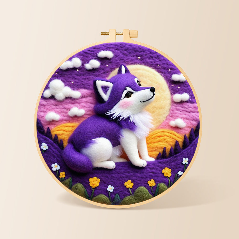 Cosy purple wolf under the moon needle felting kit for beginners with a round wooden frame