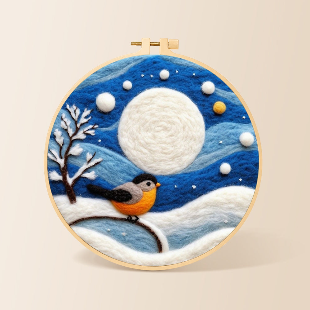 Cosy winter bird under the full moon needle felting kit for beginners with a round wooden frame