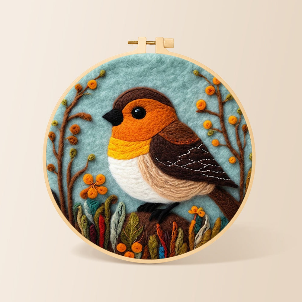 Cosy woodland bird needle felting kit for beginners with a round wooden frame