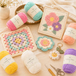 Cotton yarn displayed with finished craft project ideas including crochet and punch needle pieces