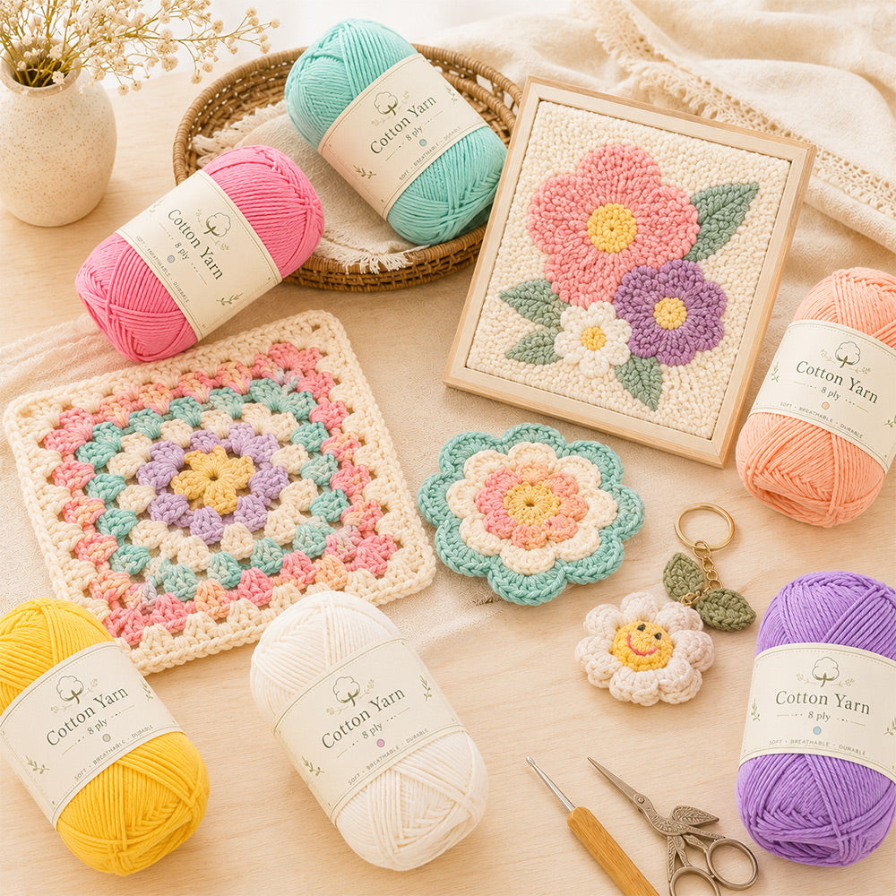 Cotton yarn displayed with finished craft project ideas including crochet and punch needle pieces