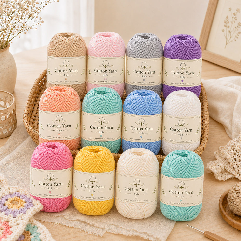 12 colours cotton yarn set displayed in a warm craft room setting