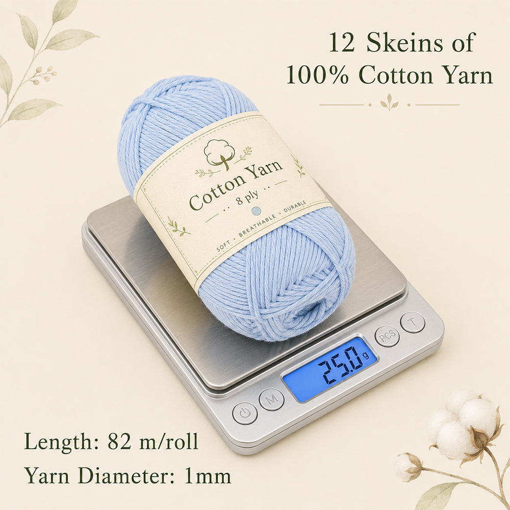 Cotton yarn skein showing 25g weight, 82 m length and 1 mm yarn diameter