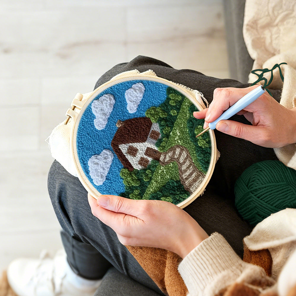 Creating handmade countryside cottage with pathway punch needle artwork
