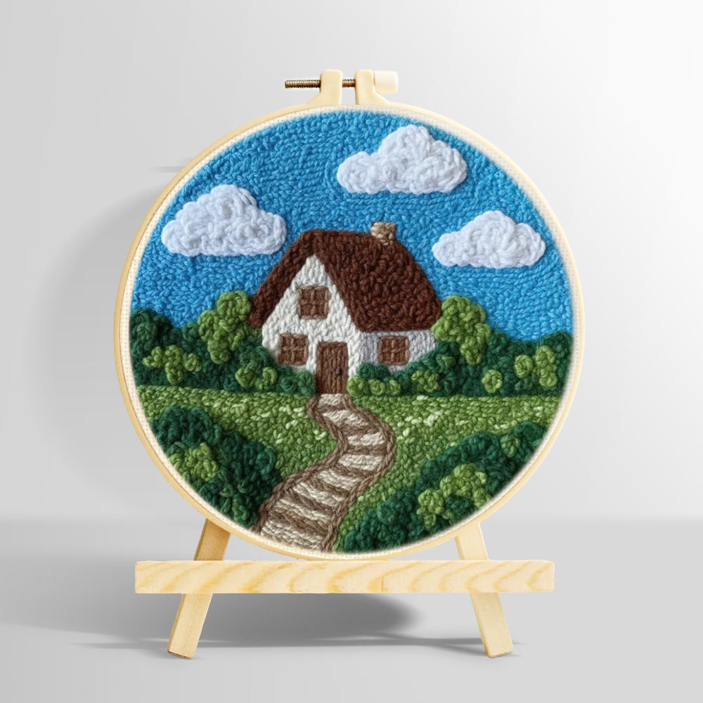 Countryside cottage with pathway punch needle kit for beginners