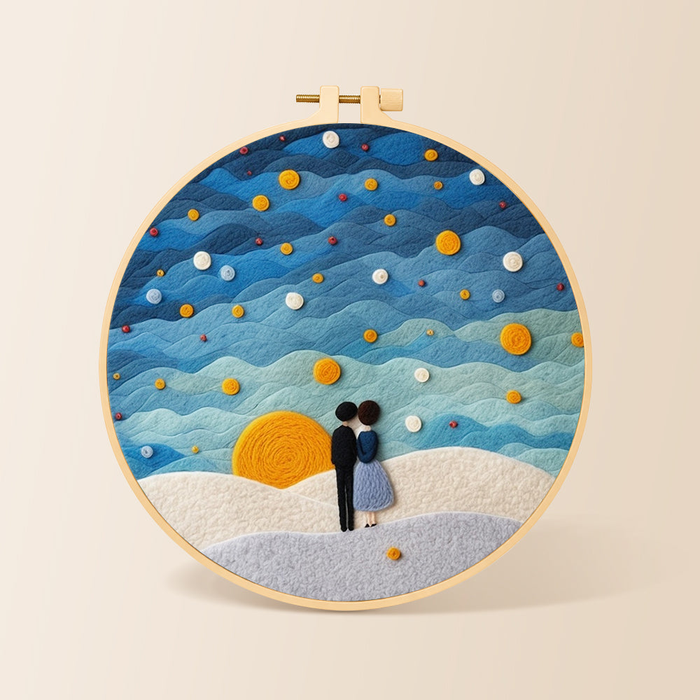 Couple under the calming blue starry sky needle felting kit for beginners with a round wooden frame