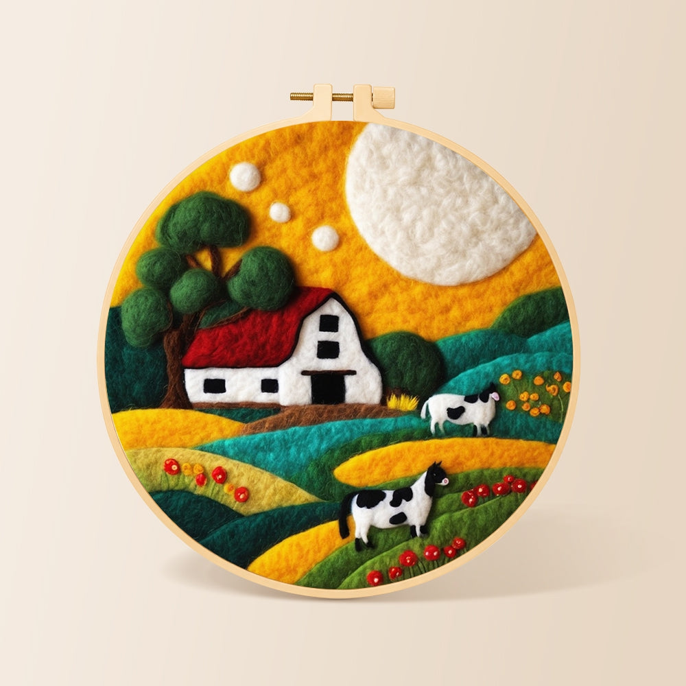 Cows and farm life needle felting kit for beginners with a round wooden frame
