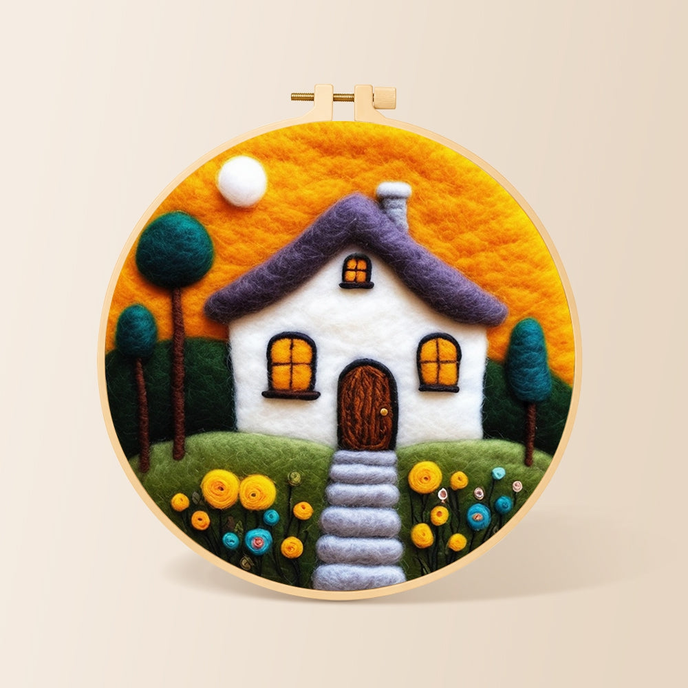 Cozy cottage and orange sunset needle felting kit for beginners with a round wooden frame