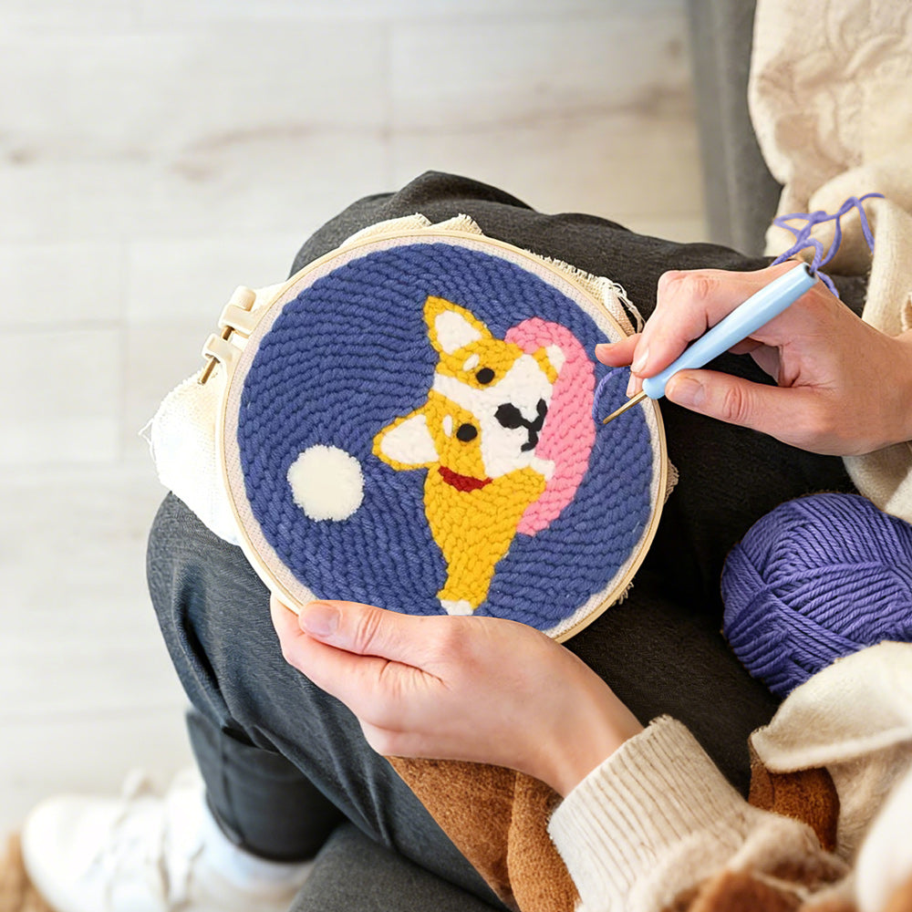 Creating handmade cozy dog punch needle artwork