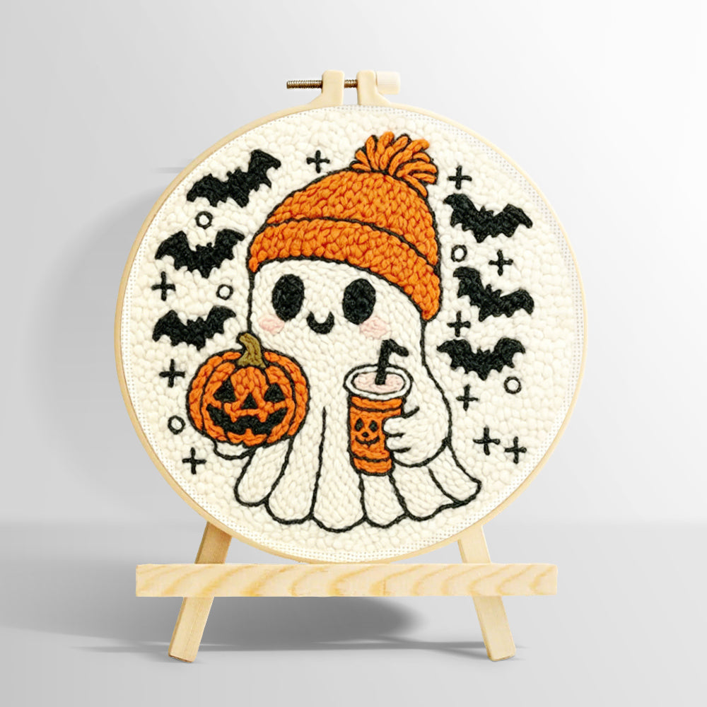 Cozy ghost with pumpkin spice latte punch needle kit for beginners