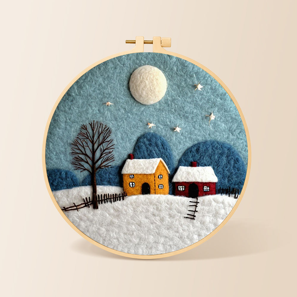 Cozy village on a snowy night needle felting kit for beginners with a round wooden frame