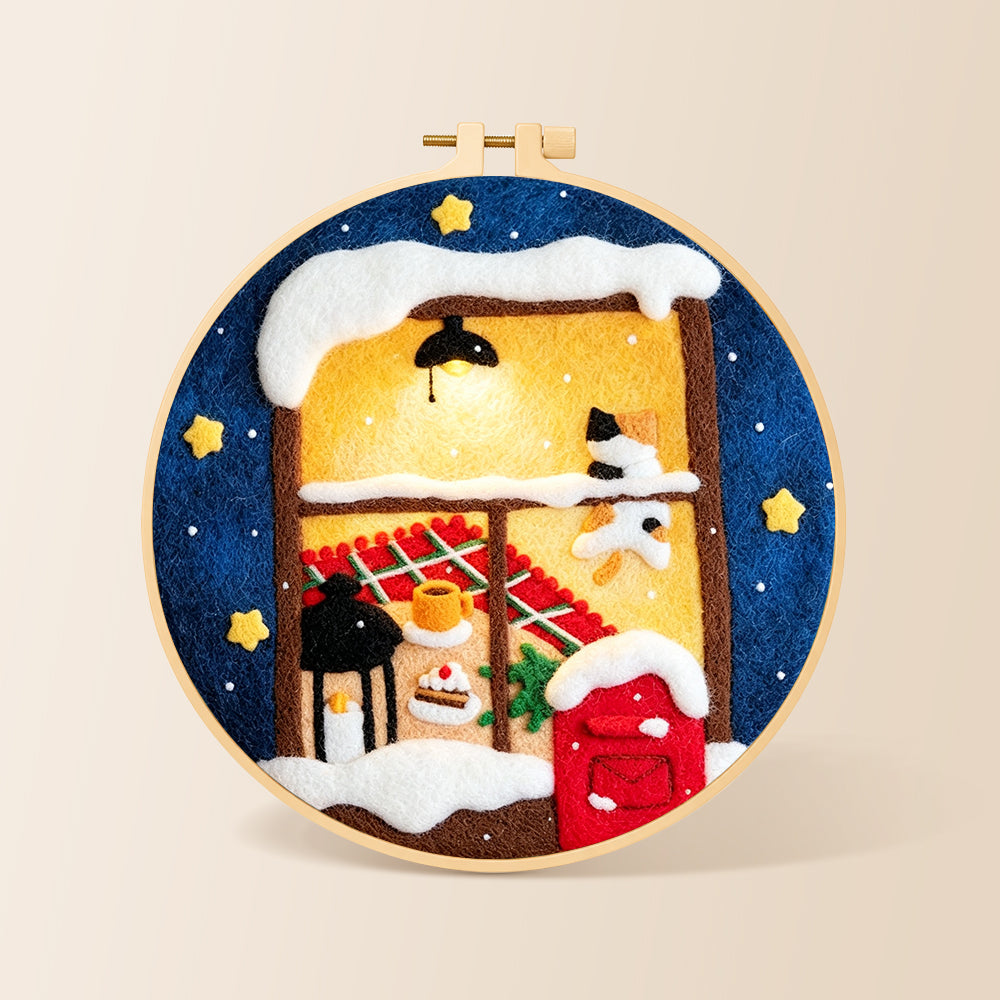 Cozy winter window needle felting kit for beginners with a round wooden frame