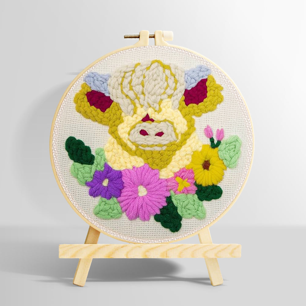Cream floral highland cow punch needle kit for beginners