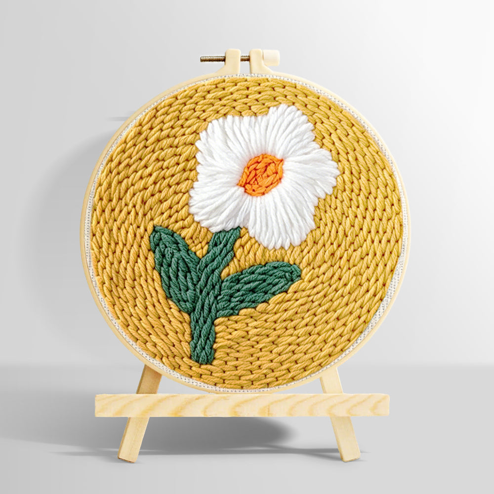 Cream flower on mustard yellow punch needle kit for beginners