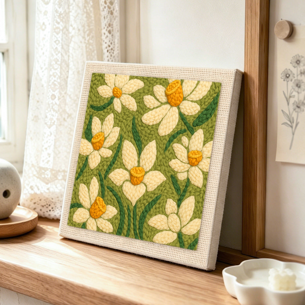 Creamy white daffodil punch needle artwork displayed on a table