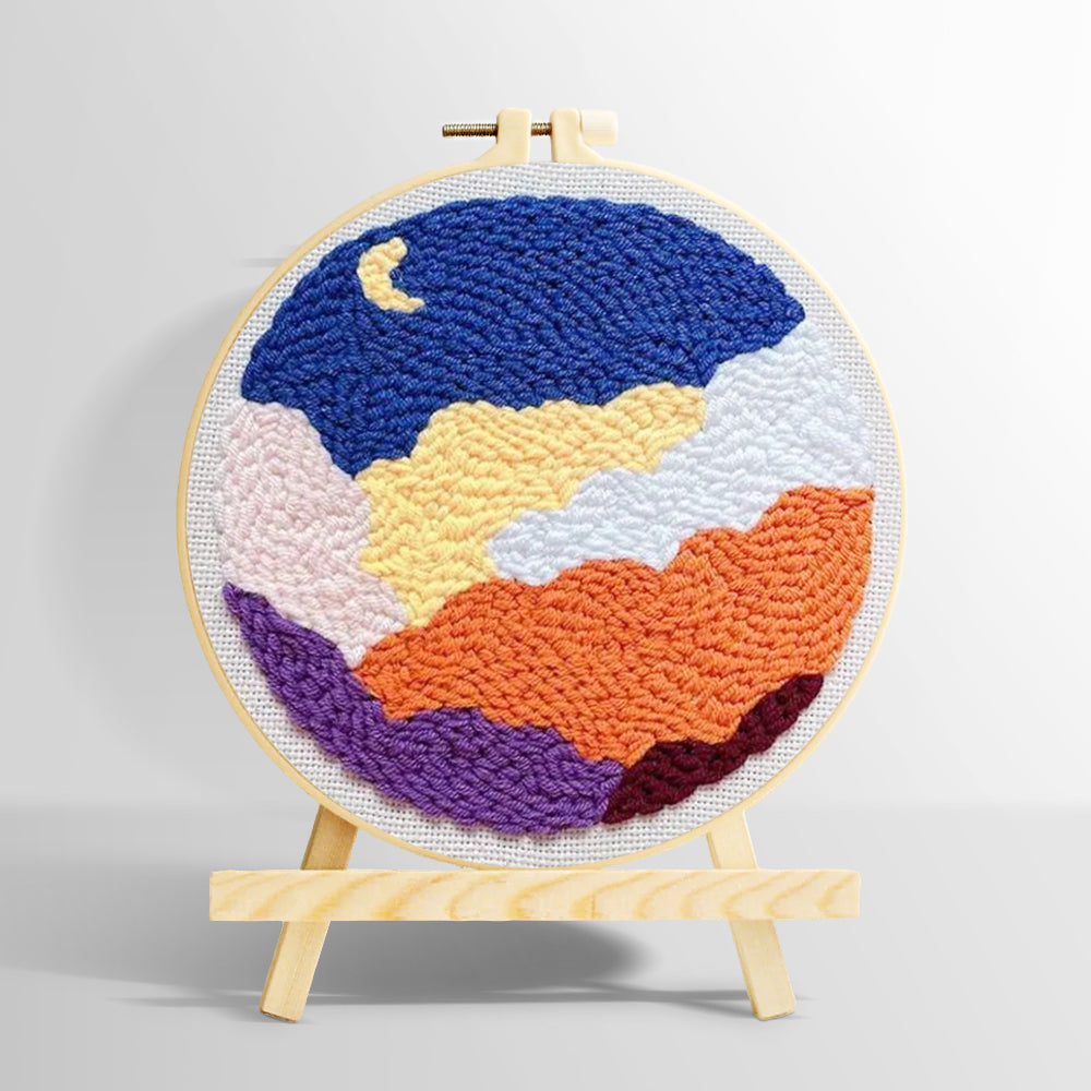 Crescent moon and colourful layered clouds punch needle kit for beginners