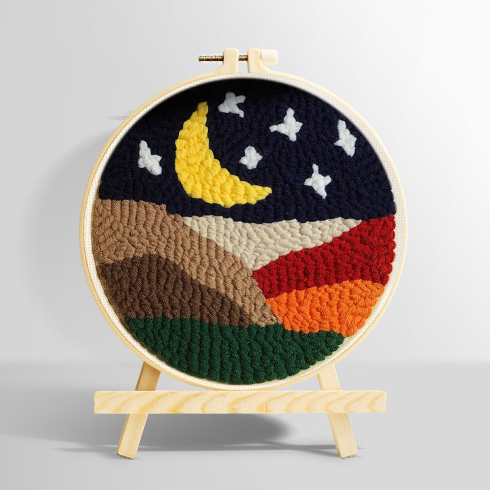 Crescent moon and white stars above the colourful mountains punch needle kit for beginners