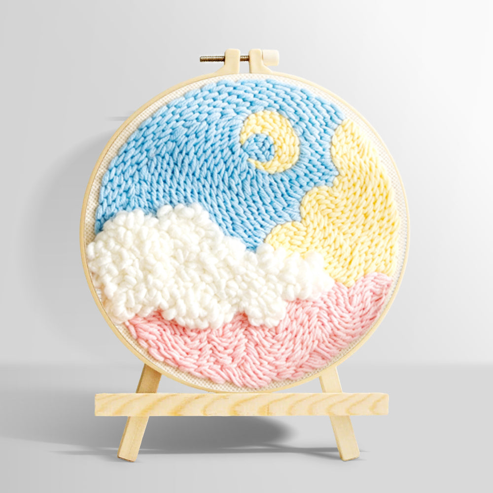 Crescent moon over colourful clouds punch needle kit for beginners