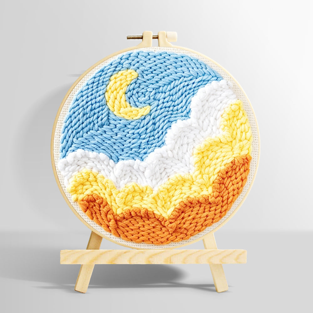 Crescent moon over ocean waves punch needle kit for beginners