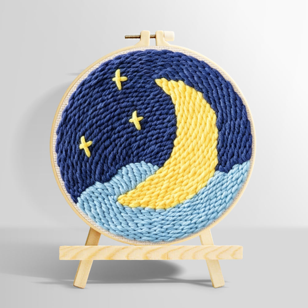 Crescent moon over starry night sky punch needle kit for beginners