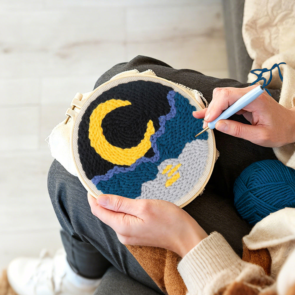 Creating handmade crescent moon, sea and mountains punch needle artwork