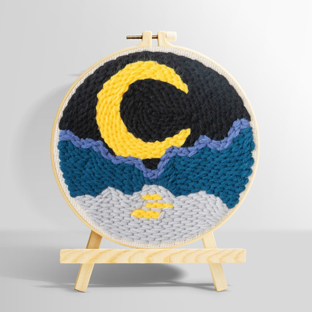 Crescent moon, sea and mountains punch needle kit for beginners