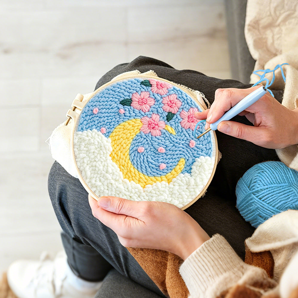 Creating handmade crescent moon with pink flowers punch needle artwork