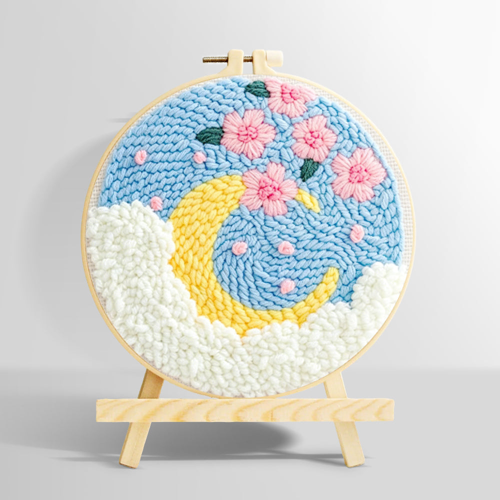 Crescent moon with pink flowers punch needle kit for beginners